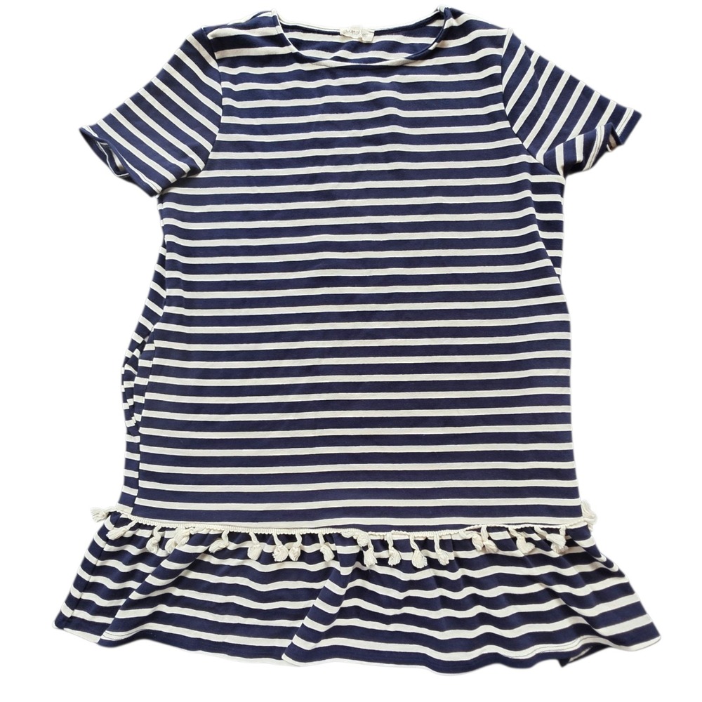 Cotton Bleu Navy & White Striped Dress With Fringe‎ Size Small